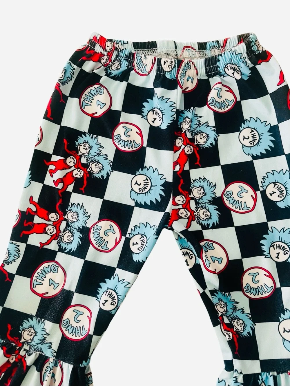 Dr. Seuss thing 1 thing 2 bell bottoms pants 3T checkered flare cat hat used